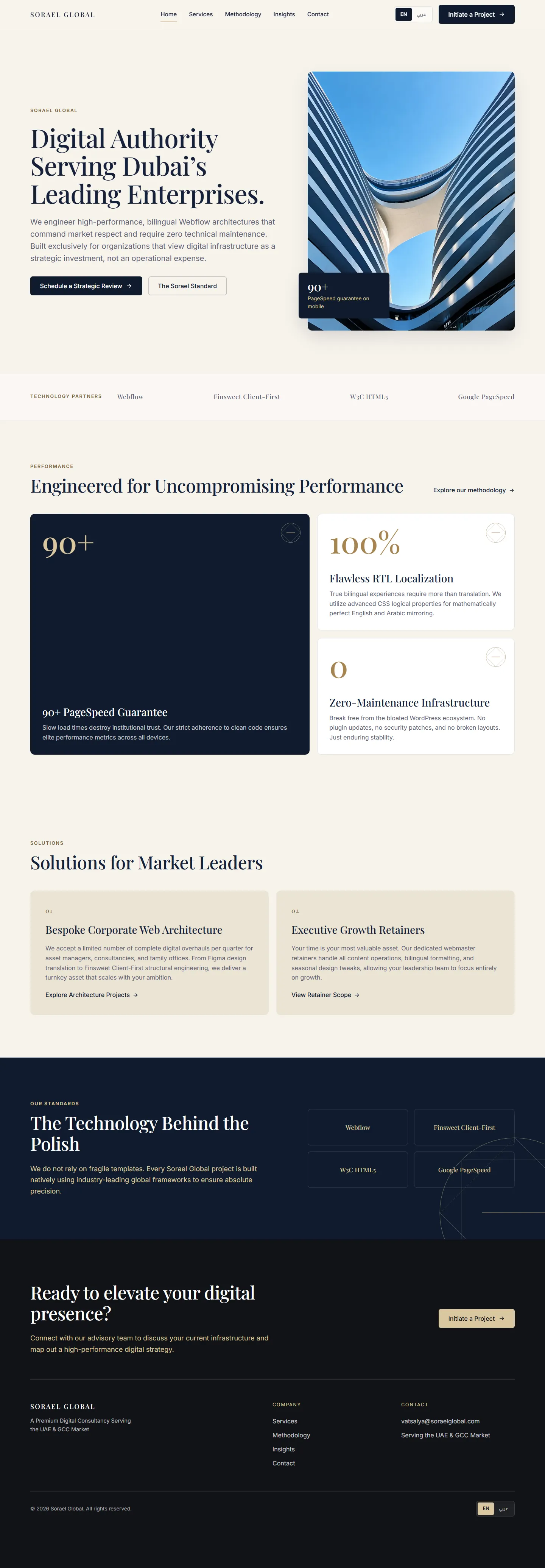 The full Sorael Global homepage in English, from the hero and technology-partners bar through performance, solutions and standards to the closing call to action and footer.