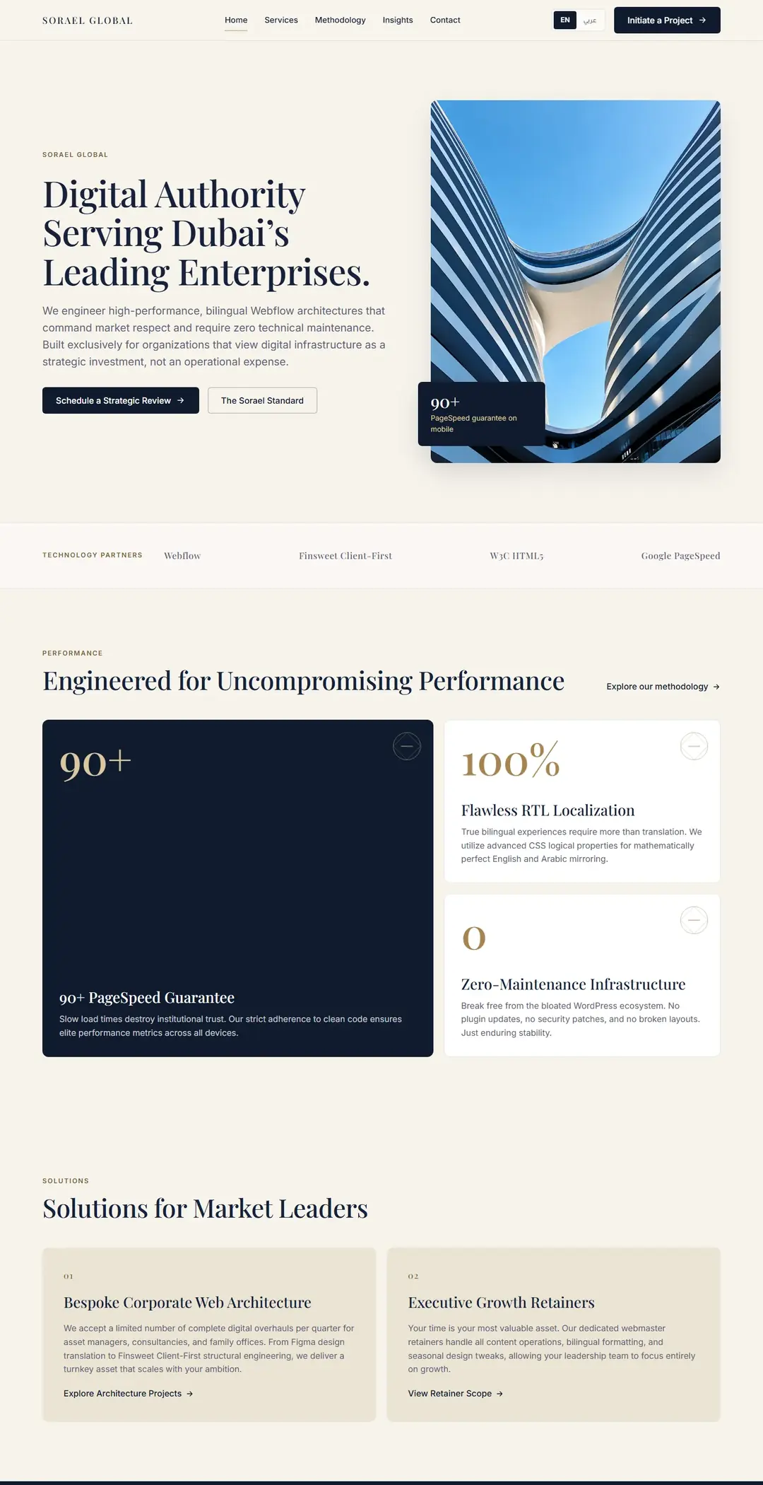 The top of the full Sorael Global homepage in English, from the hero and technology-partners bar through performance, solutions and standards to the closing call to action and footer.