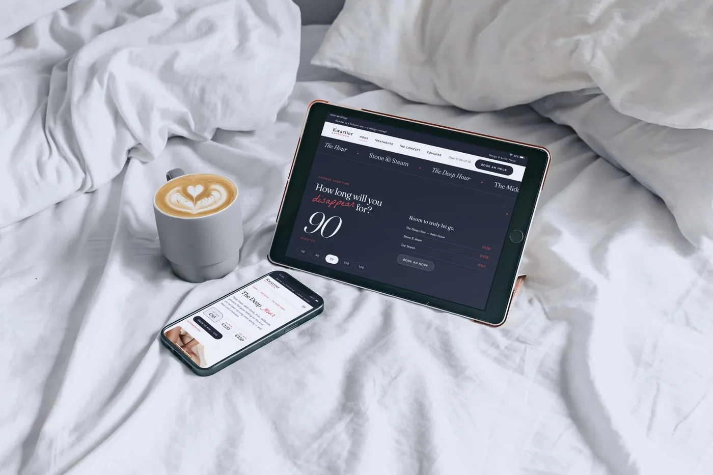 The Kwartier concept's time dial on an iPad propped up on white bed linen, with its Deep Hour treatment page on an iPhone beside it.