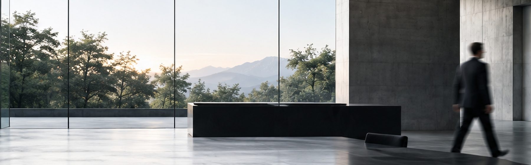 Moderne Glashalle mit Blick auf Berge