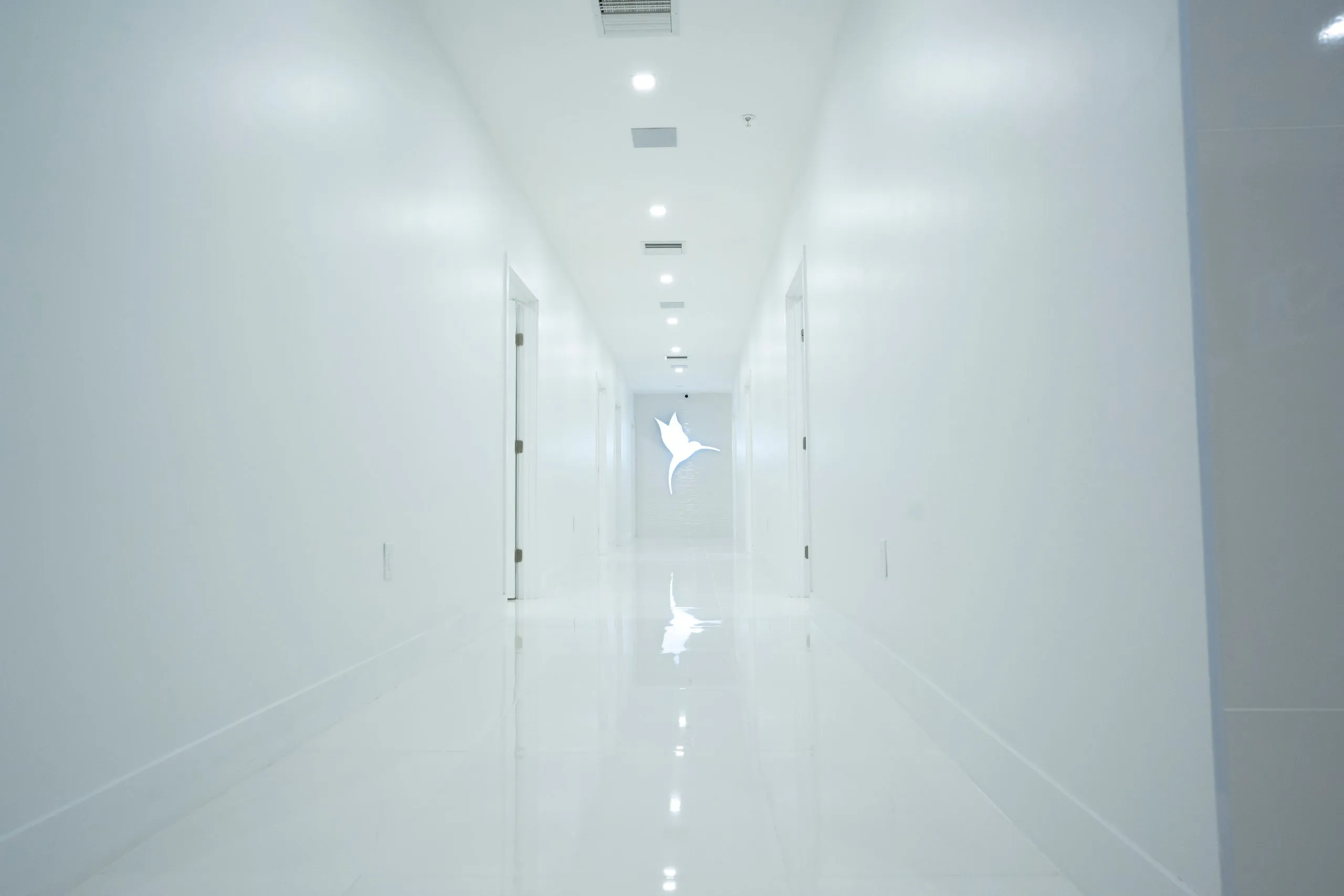 Long white hallway with the hummingbird logo reflected in the polished floor at Cosmetica Med Spa