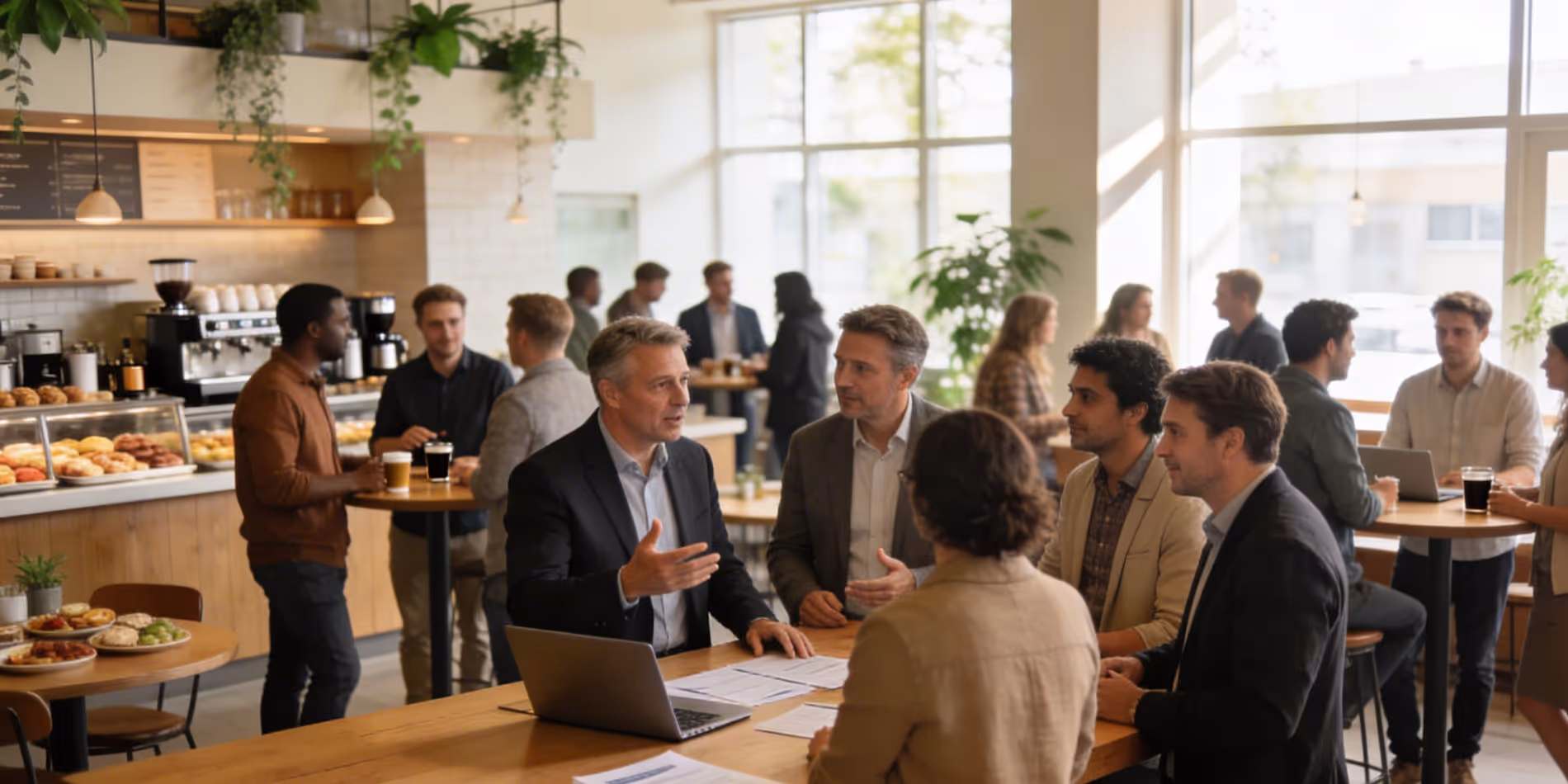 Mehrere Personen führen geschäftliche Gespräche in einem modernen Café mit großen Fenstern und warmem Licht.