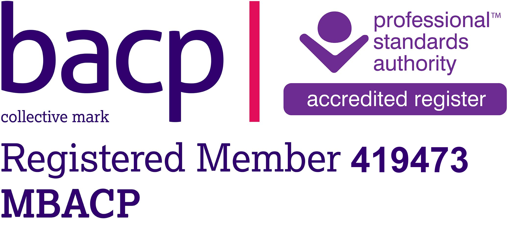 BACP Registered Member 419473, MBACP. Accredited register of the Professional Standards Authority
