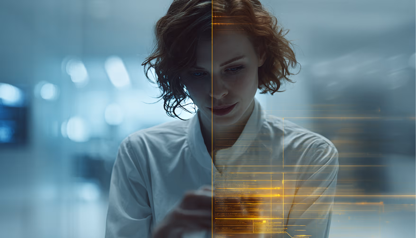 Woman in white shirt with digital transparent interface overlay and yellow glowing data lines.