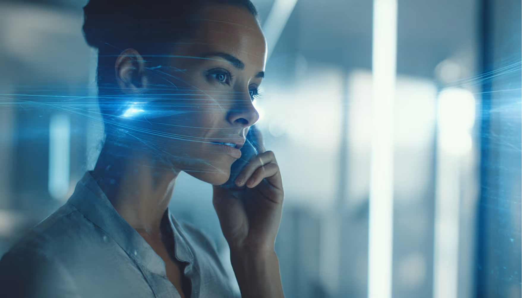 Woman with hand near face looking ahead with blue digital light streaks around her.
