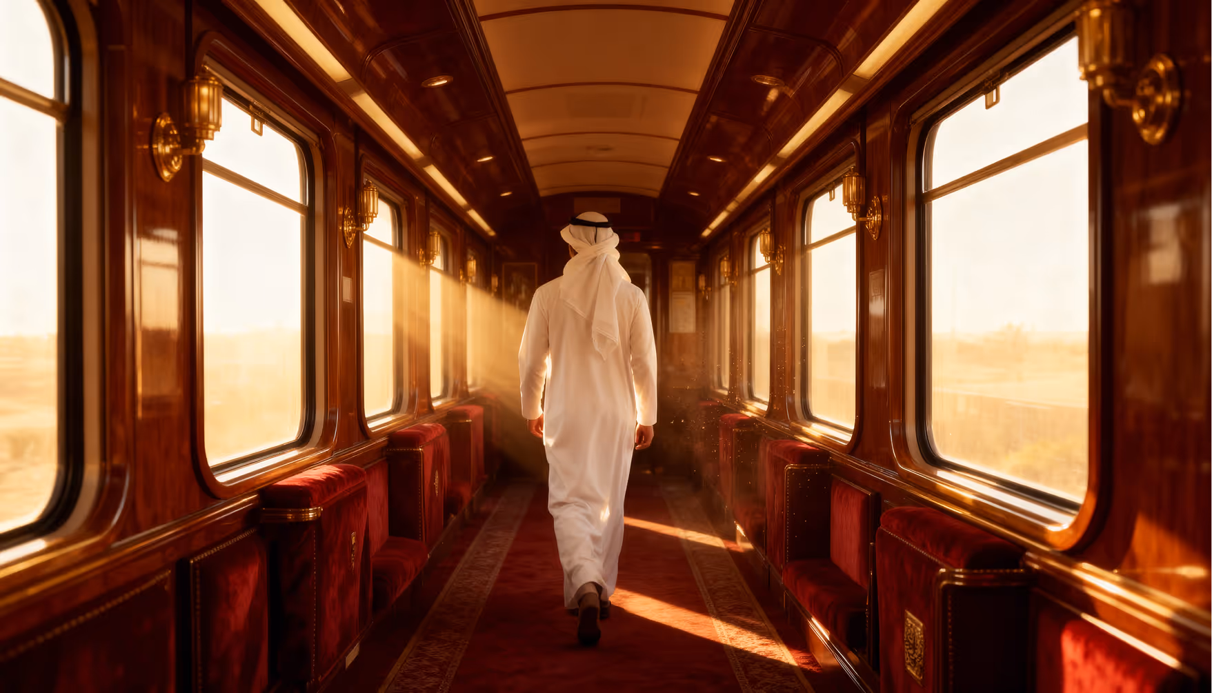 Man in traditional white attire walking down a sunlit vintage train carriage with wooden paneling.