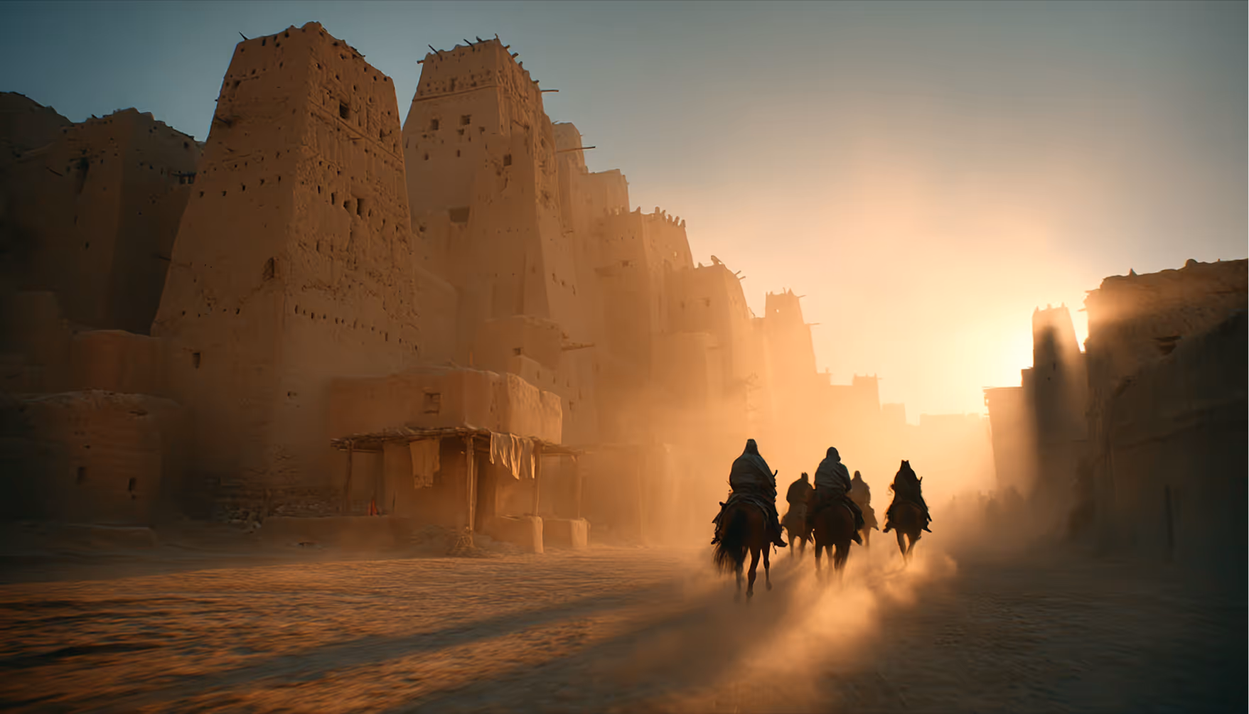 Silhouettes of riders on horseback riding through a dusty ancient village at sunset.