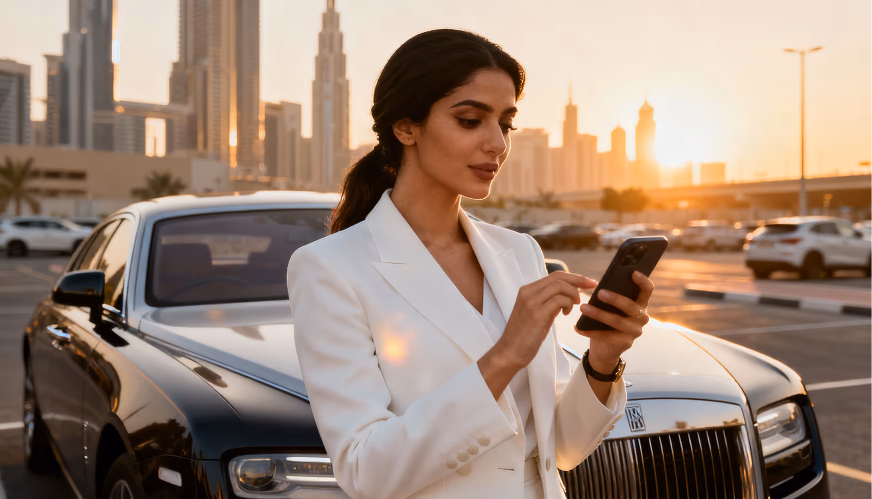 Woman in white blazer using smartphone by a black Rolls-Royce car with city skyline at sunset.