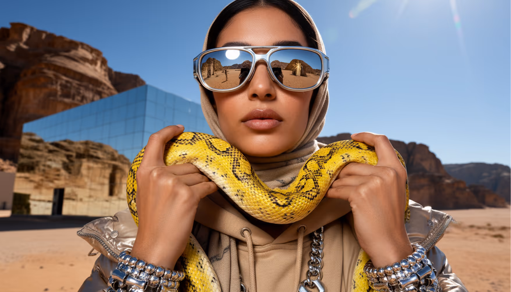 Woman with headscarf and sunglasses holding a yellow snake around her neck in a desert landscape.