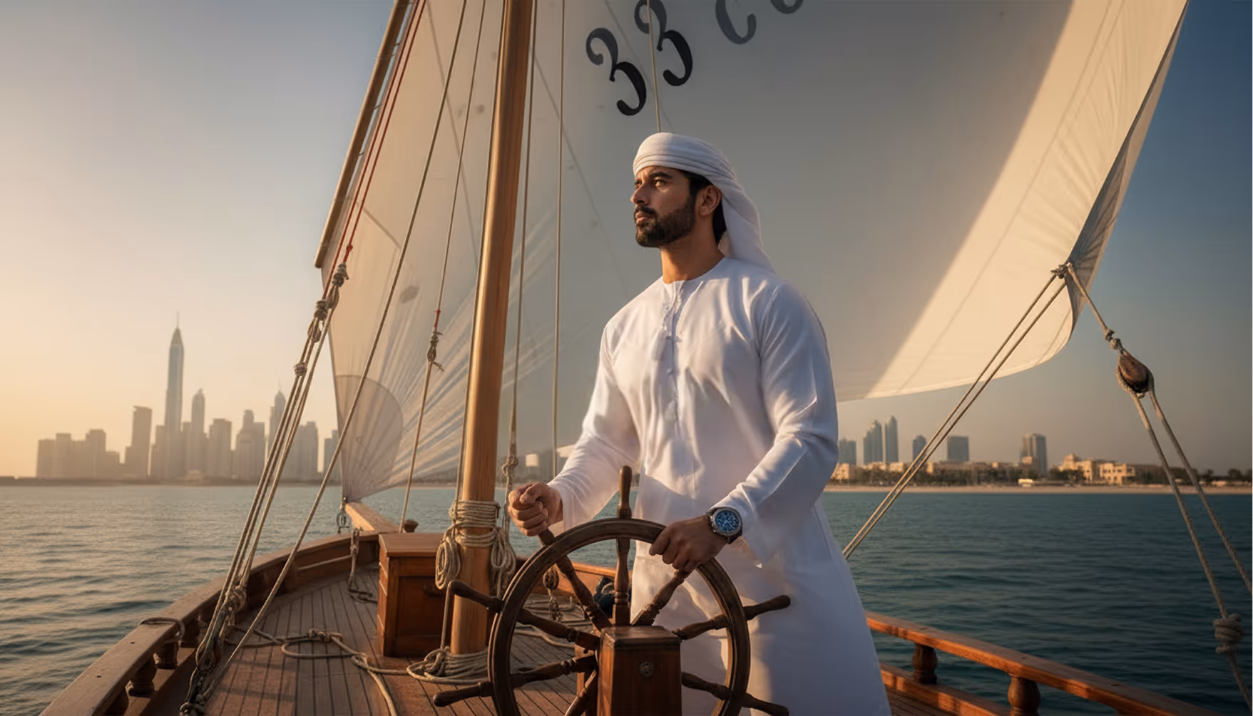Man in traditional white attire steering a wooden sailboat with city skyline in the background at sunset.