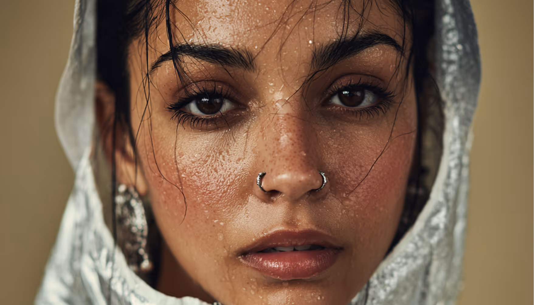 Close-up of a woman's face with water droplets, nose rings, and a light hood covering her head.
