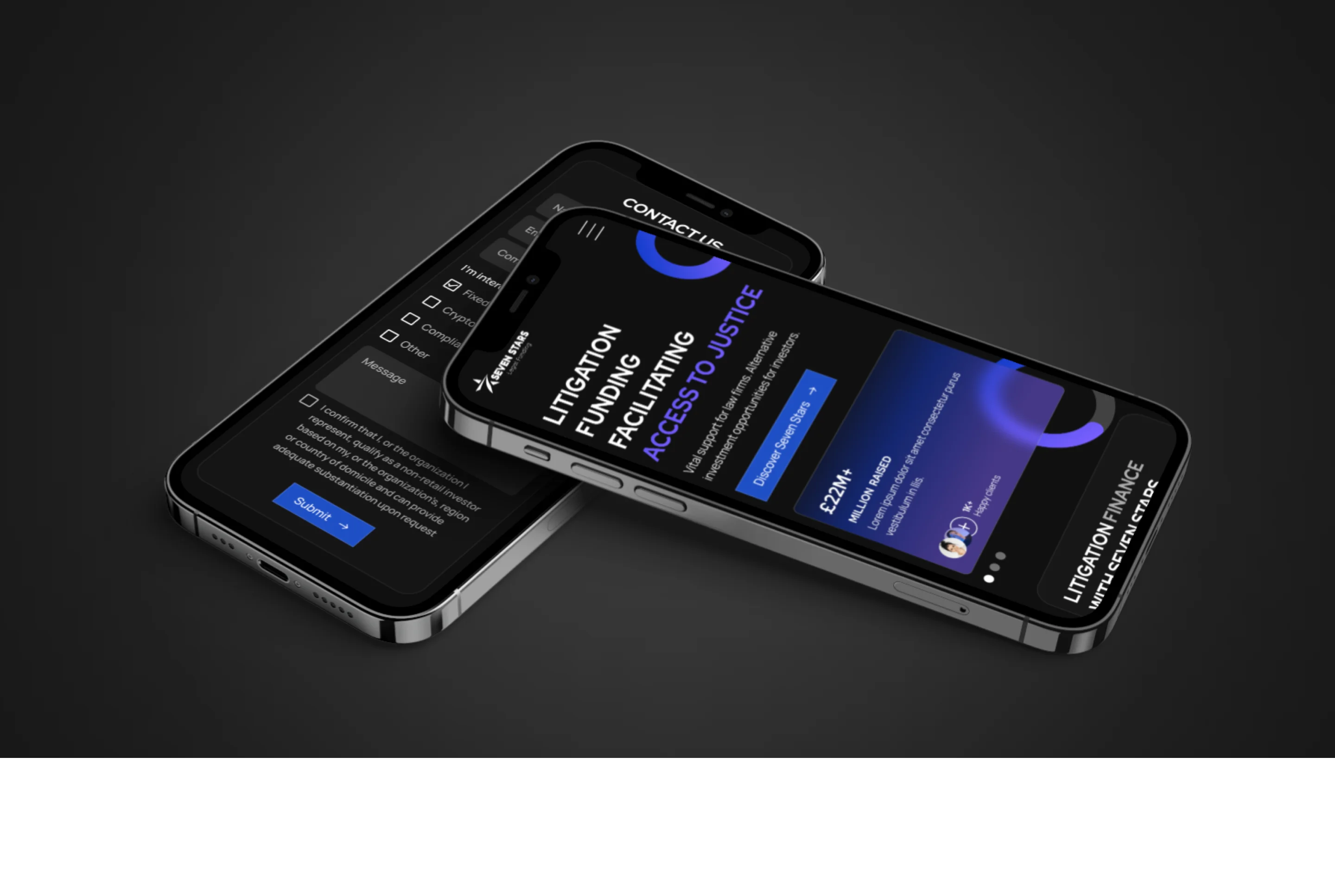 Two iPhones display litigation funding website screens with dark-themed interface and blue accents.