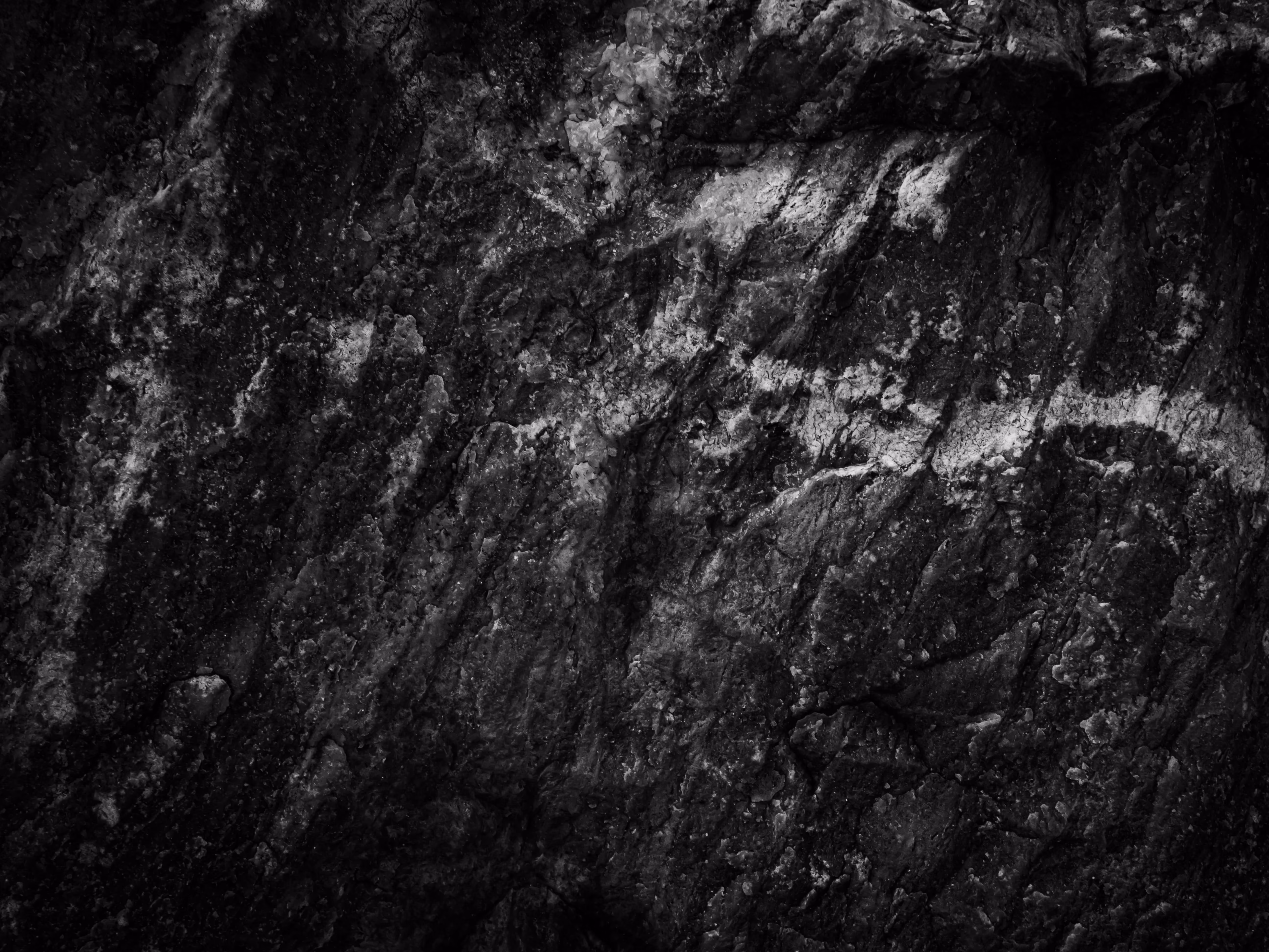 Close-up of dark, textured rock surface with rough patterns and streaks of lighter mineral deposits.