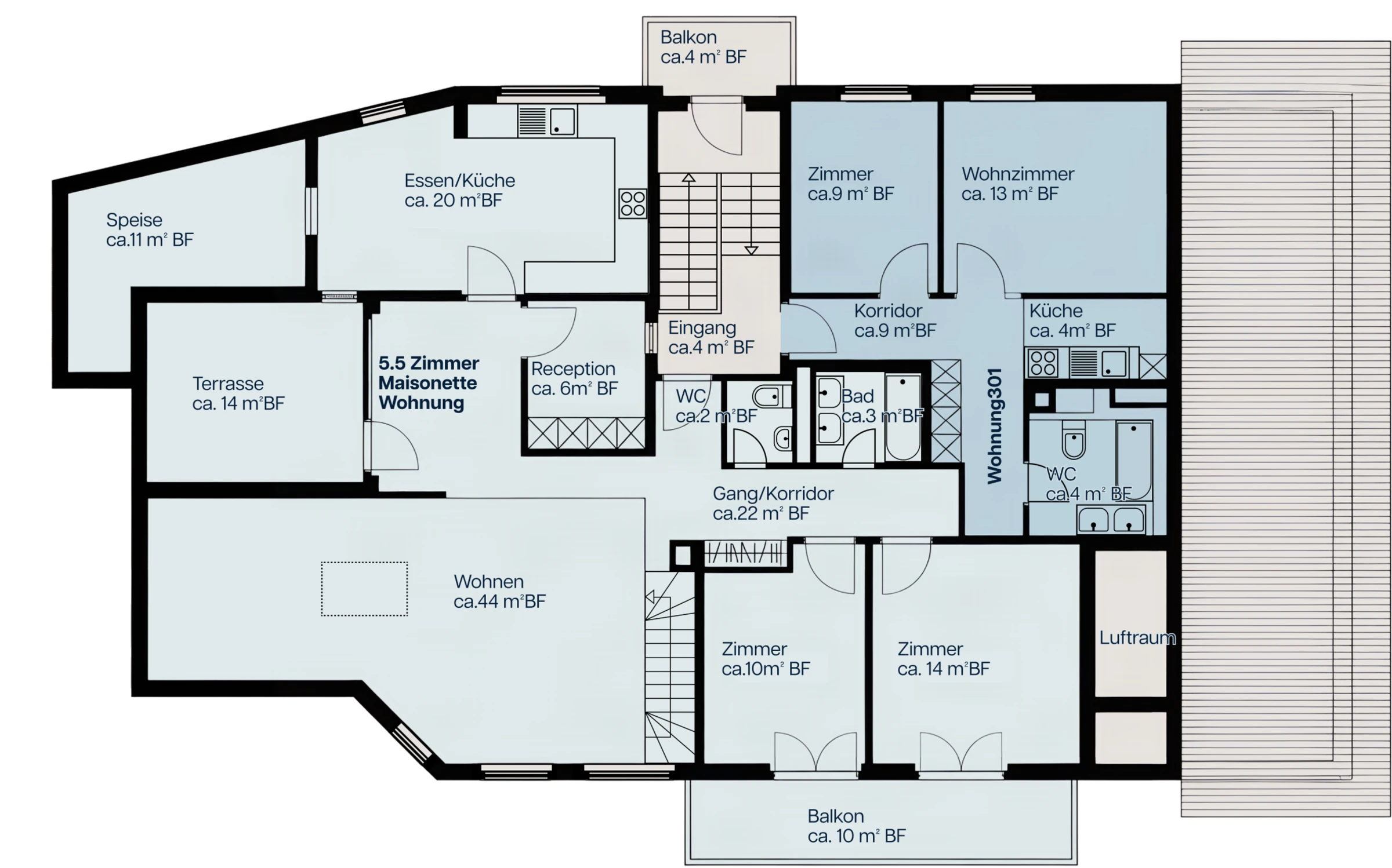 Grundriss 2. Obergeschoss mit Wohnung 301 und der unteren Etage der 5.5-Zimmer-Maisonette