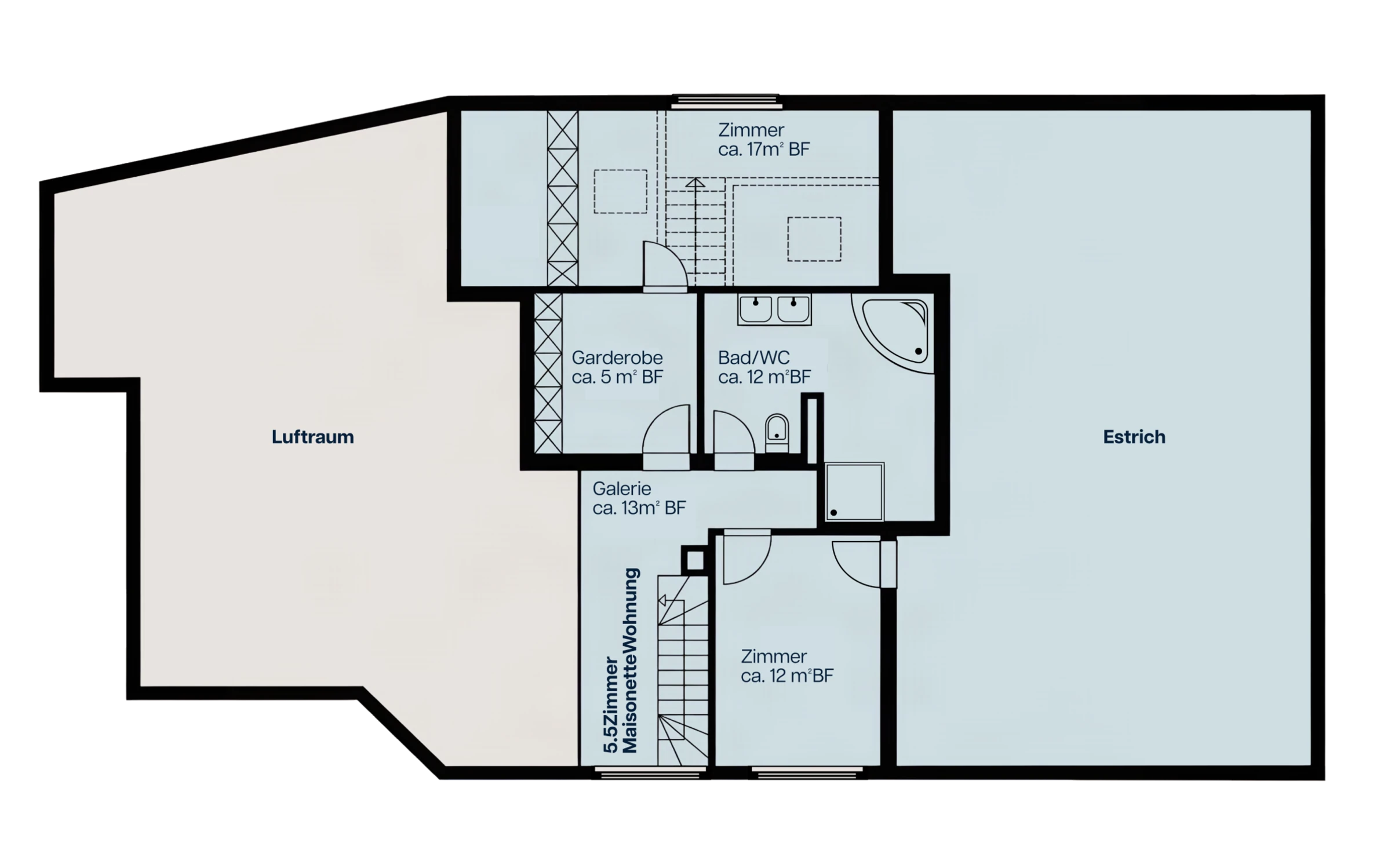 Grundriss Dachgeschoss mit der oberen Etage der Maisonette, Galerie, Bad und Estrich