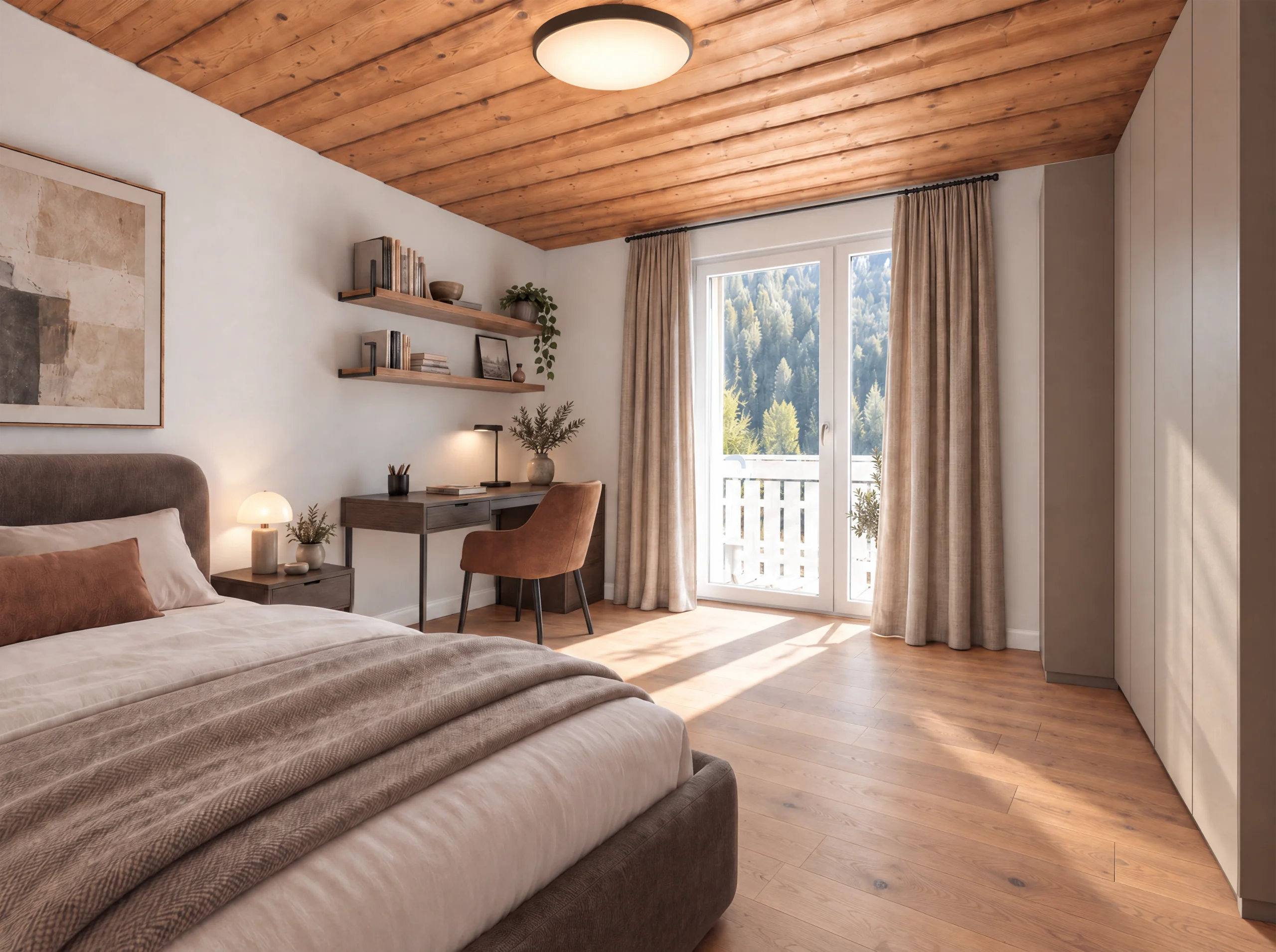 KI-Visualisierung: Schlafzimmer der Maisonette-Wohnung mit Doppelbett, Schreibtisch und Balkontür