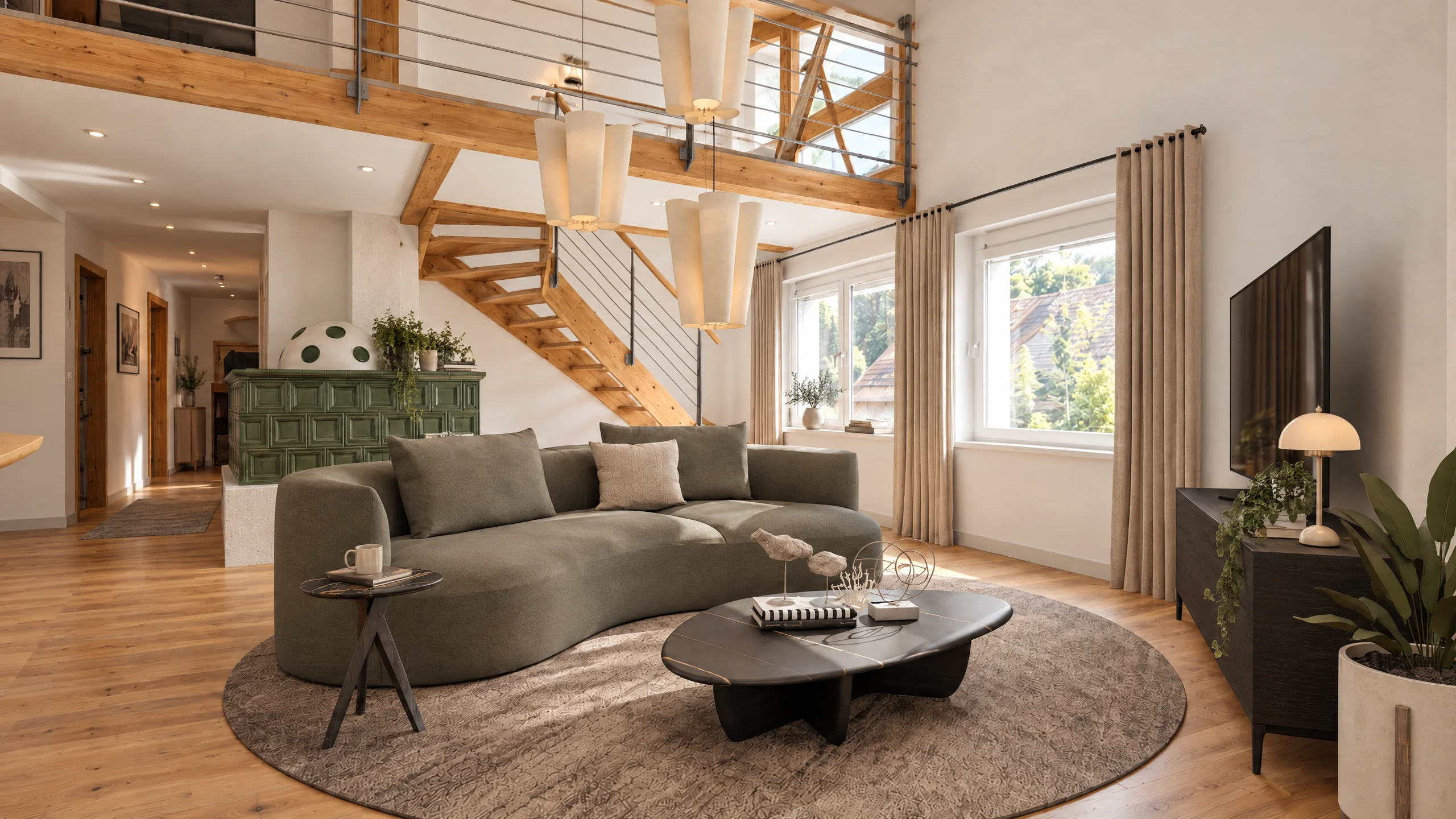 KI-Visualisierung: Wohnbereich der Maisonette-Wohnung mit Sofa, grünem Kachelofen und Holztreppe zur Galerie