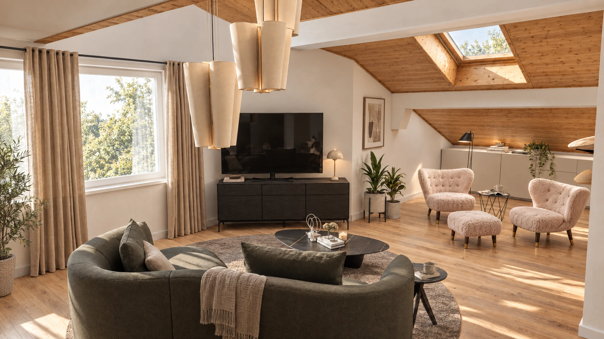 KI-Visualisierung: Wohnbereich der Maisonette-Wohnung unter der Holzdachschräge mit Sofa, Sesseln und Dachfenster