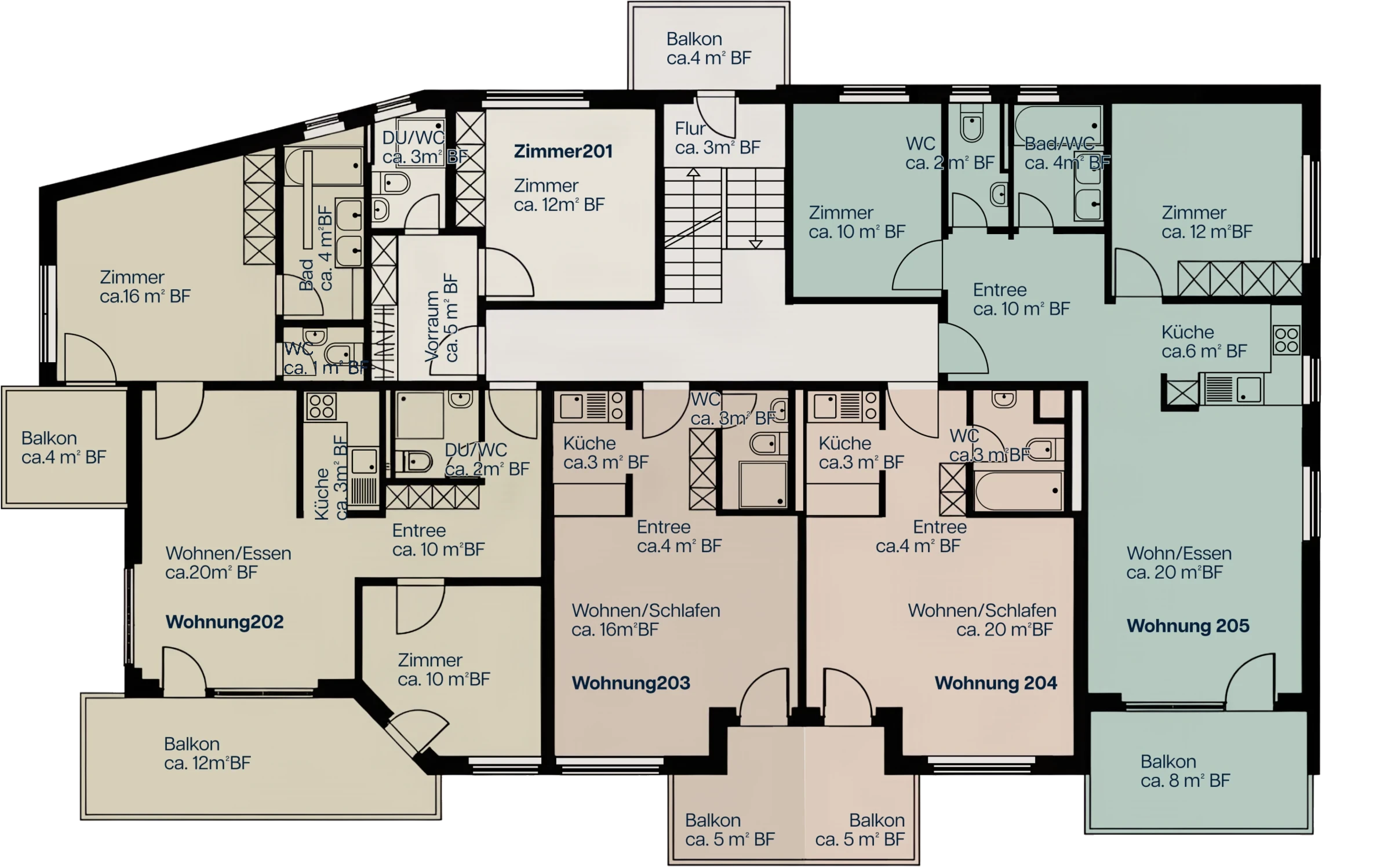 Grundriss 1. Obergeschoss mit den Wohnungen 202 bis 205 und Zimmer 201