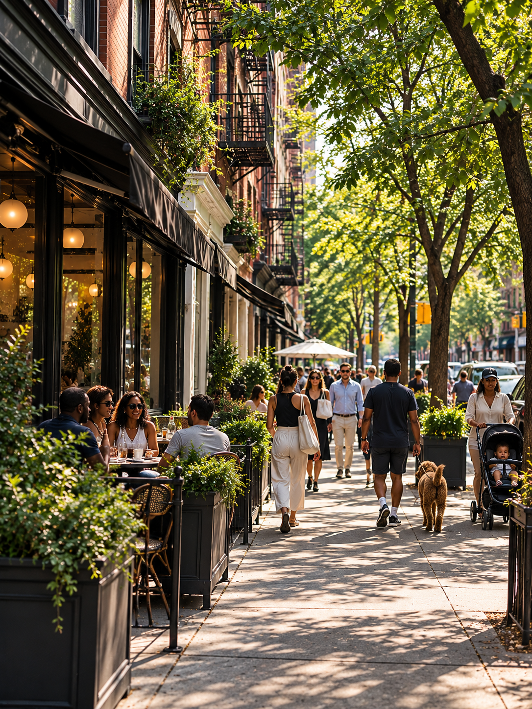 A lively tree-lined New York City sidewalk with outdoor dining and pedestrians