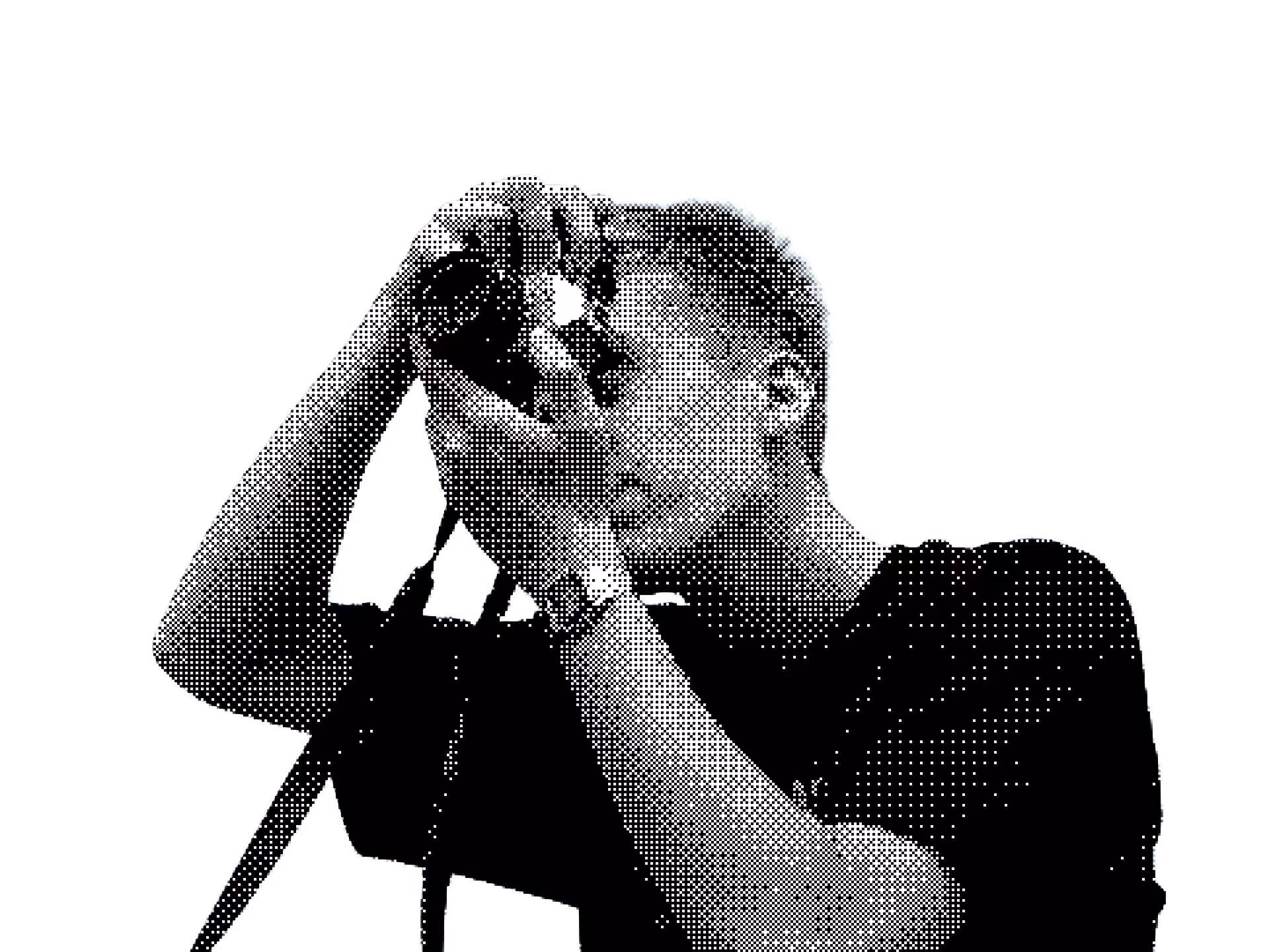 Dot-pattern black and white image of a person holding a camera to their face against black background.