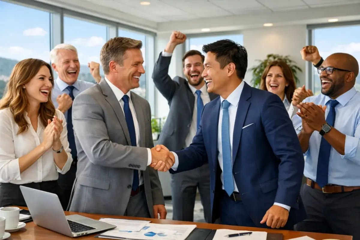 Business colleagues cheering as two men shake hands at a meeting