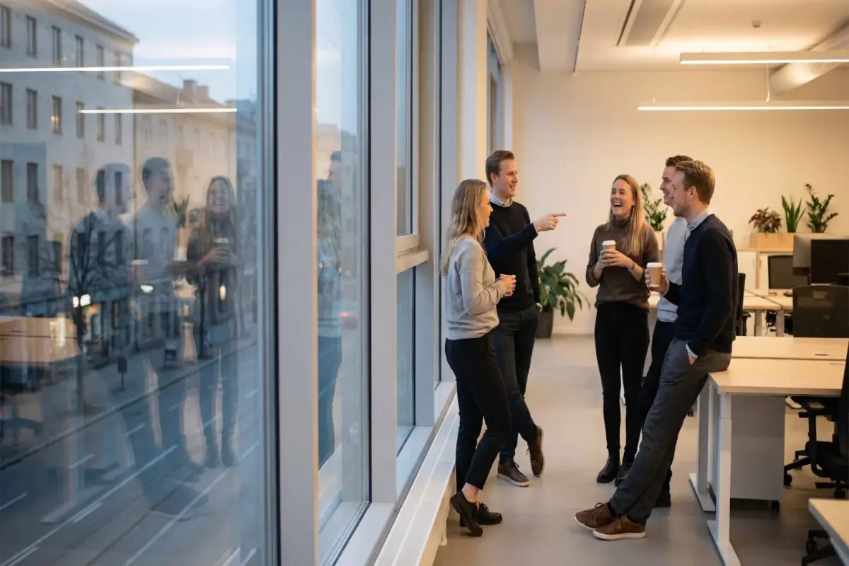 Coworkers chatting with coffee by tall windows in a modern office
