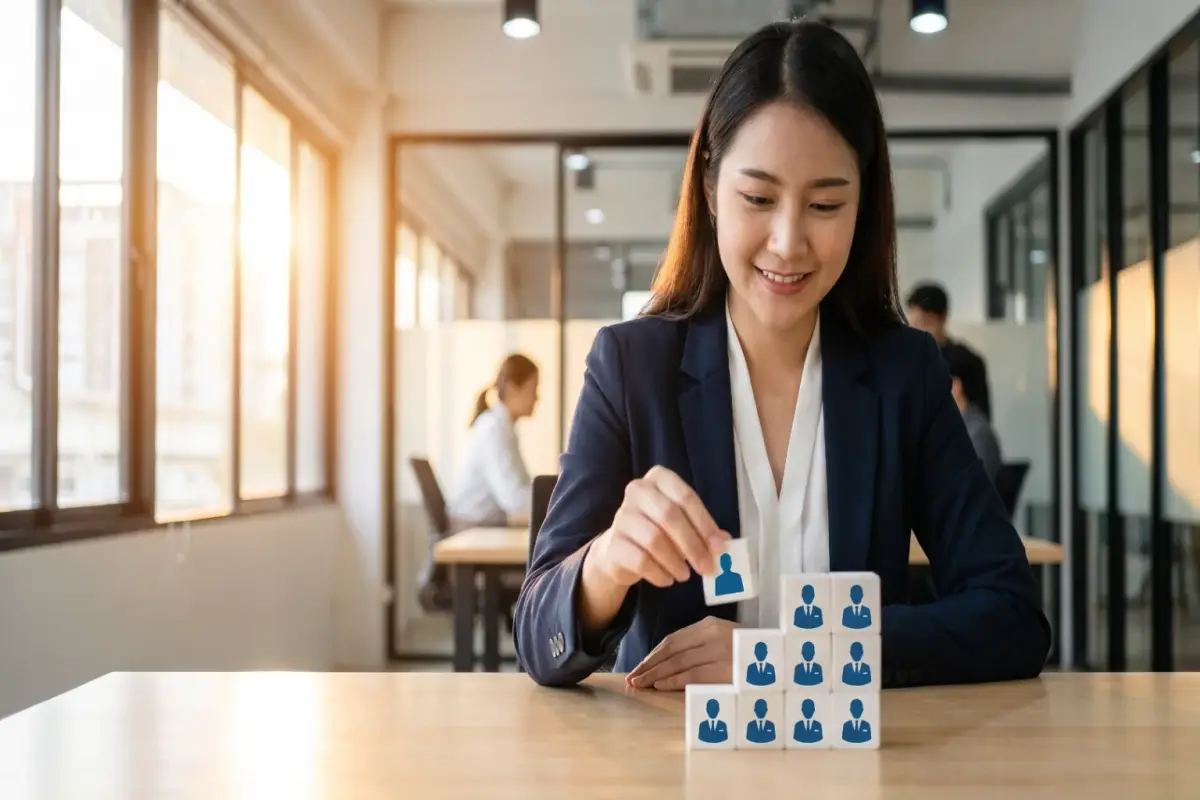 Woman arranging wooden blocks with people icons on a table