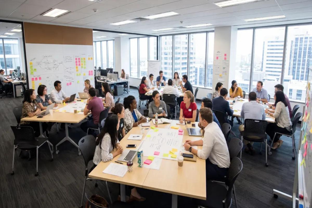 Team working with sticky notes at tables in a bright open office