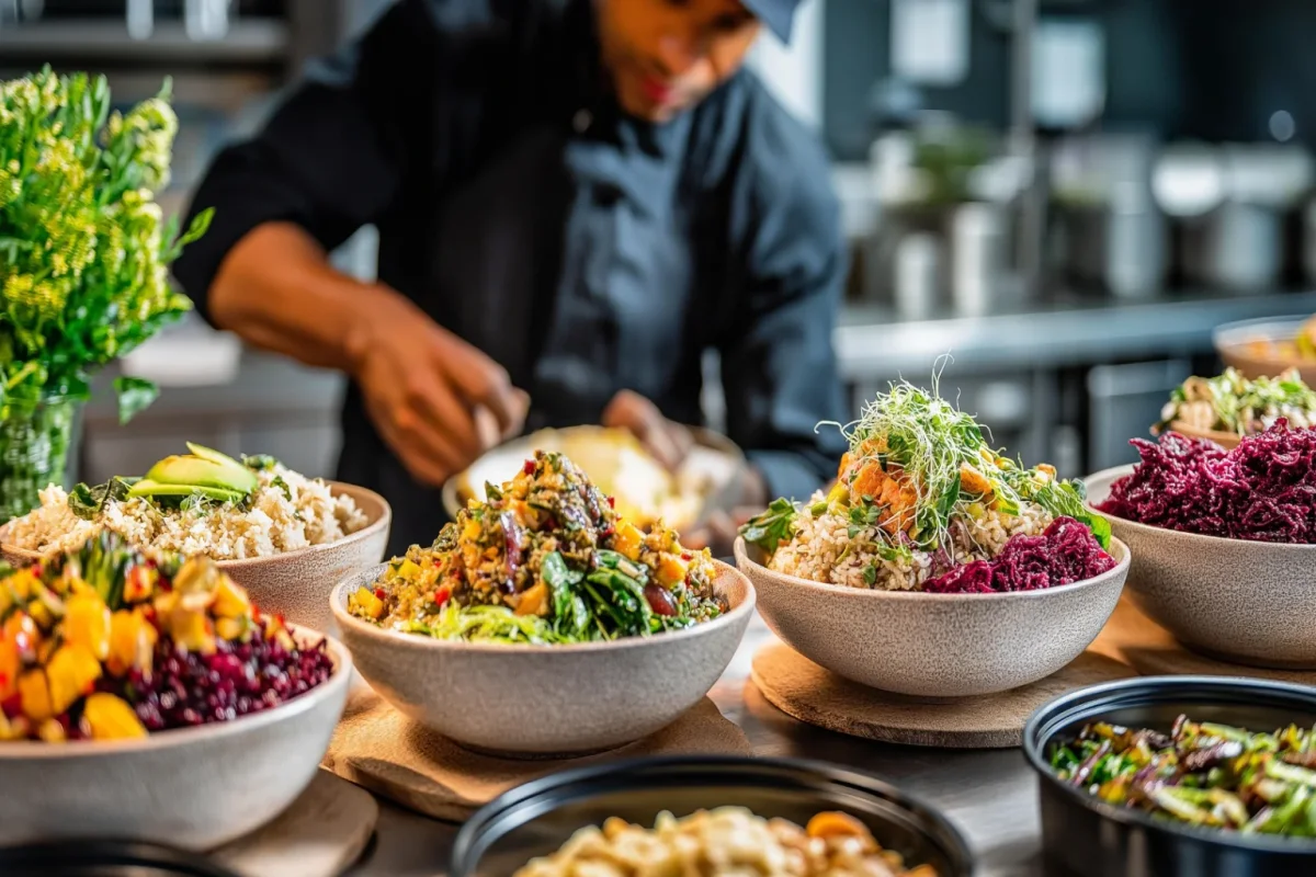 Chef plating colorful grain bowls on a buffet counter