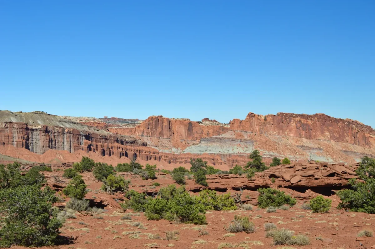 Layered red and white cliffs above desert scrub under clear sky