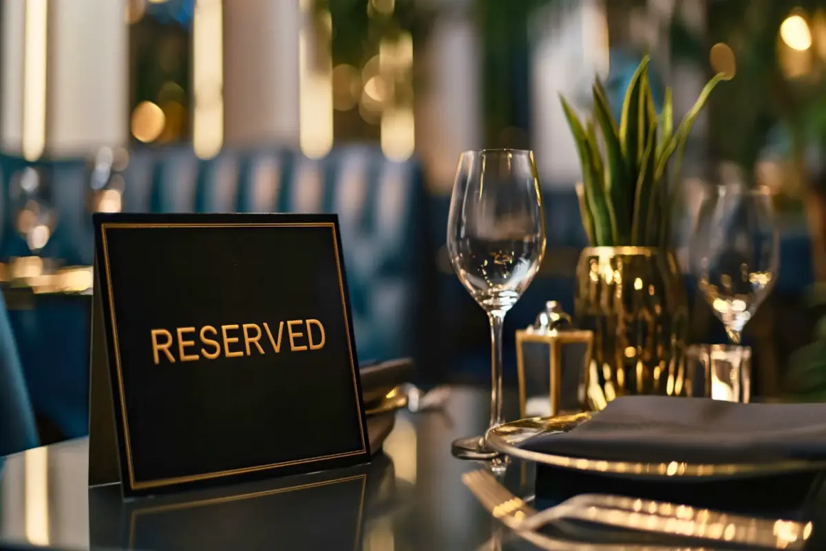 Reserved sign on a restaurant table set with wine glasses