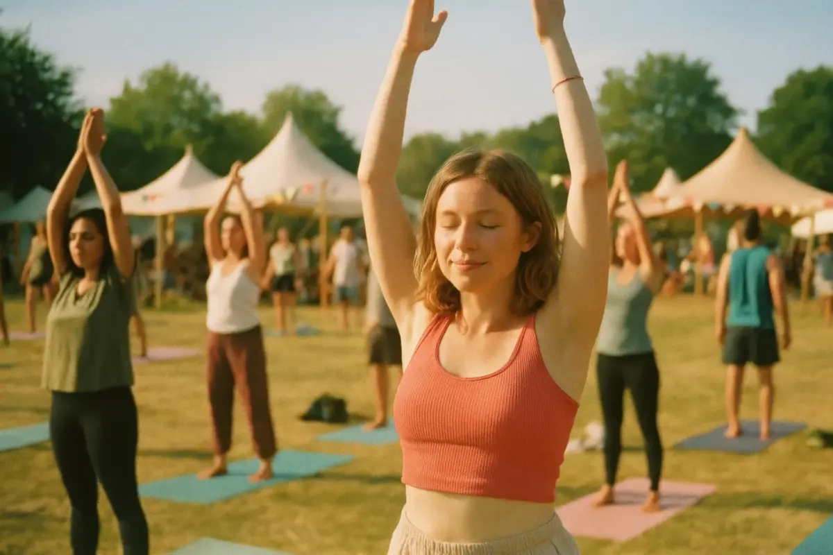 Woman in a red top stretching her arms overhead during an outdoor group yoga class