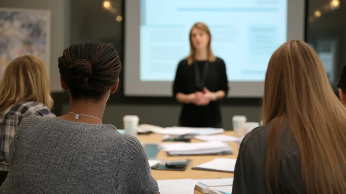 Woman presenting to colleagues seated around a conference table