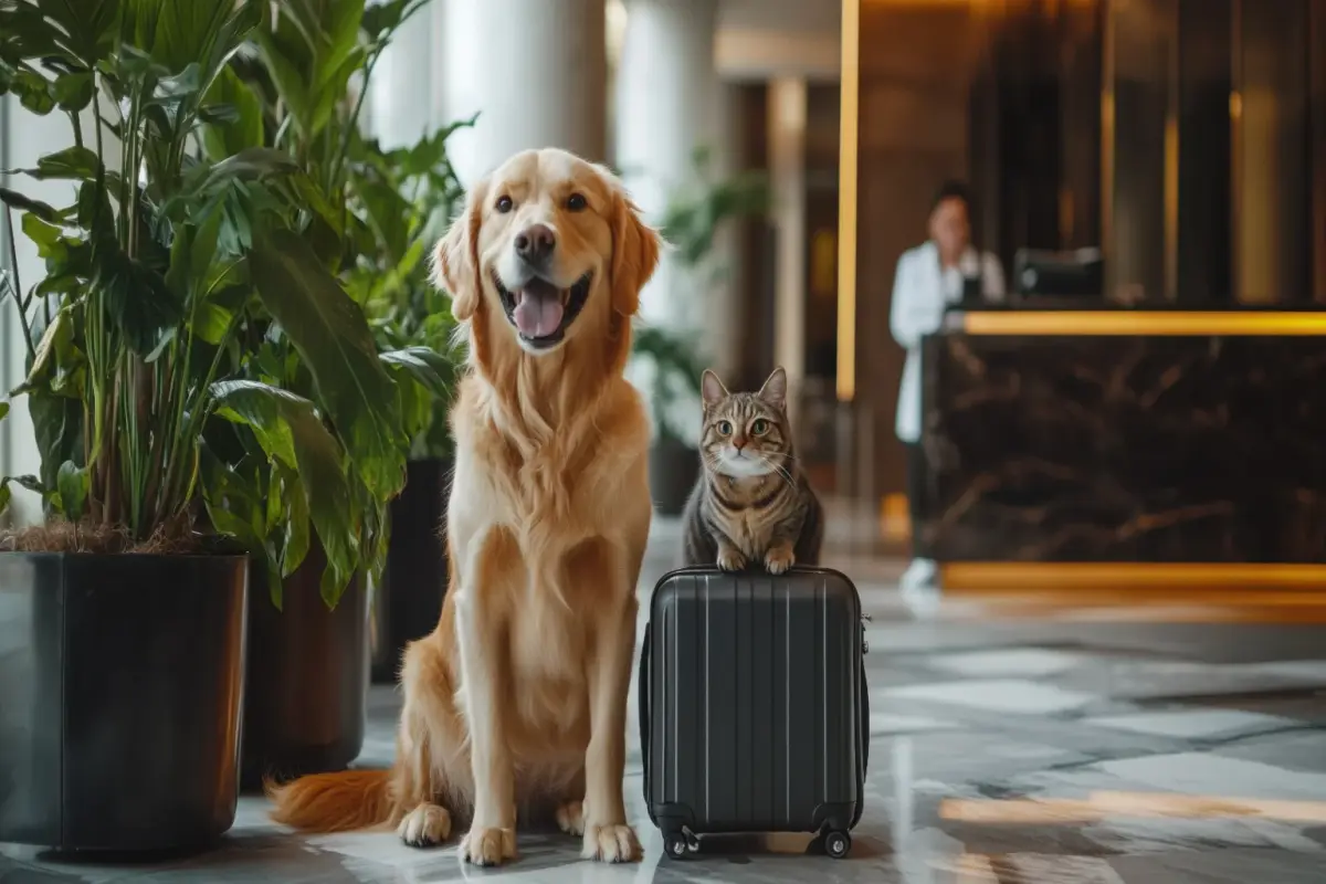 Golden retriever and a cat sitting beside a suitcase in a hotel lobby