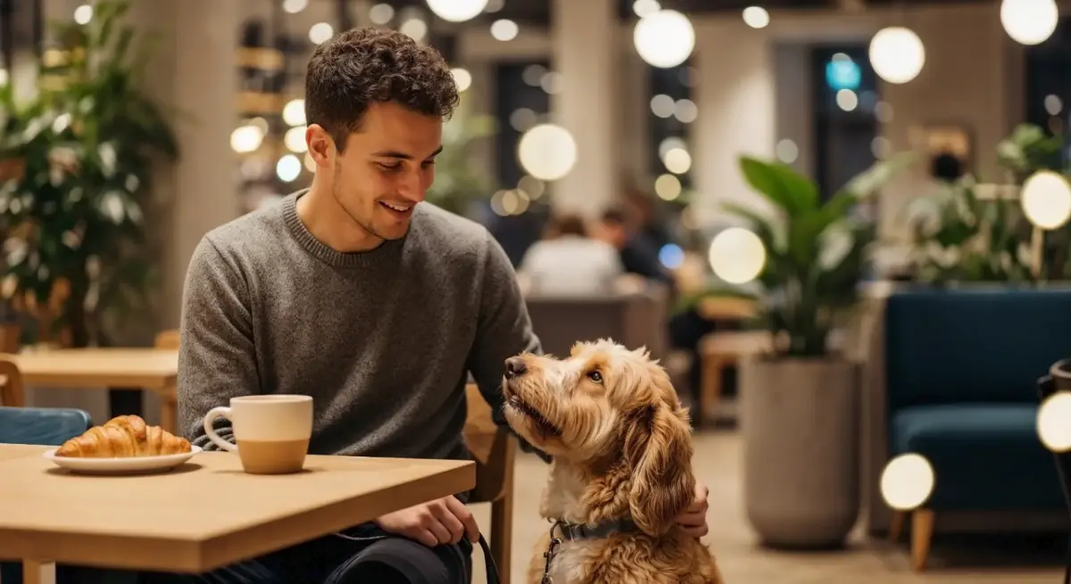 Smiling man at a cafe table with a curly-haired dog sitting beside him