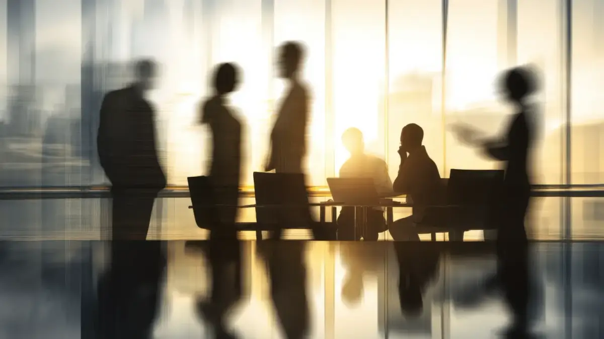Silhouetted business people standing and talking in a bright office meeting room