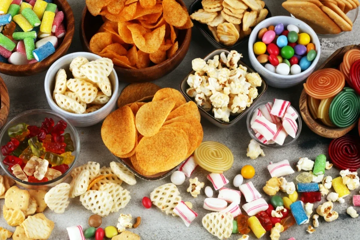 Bowls of chips, crackers, popcorn and colorful candy spread across a table