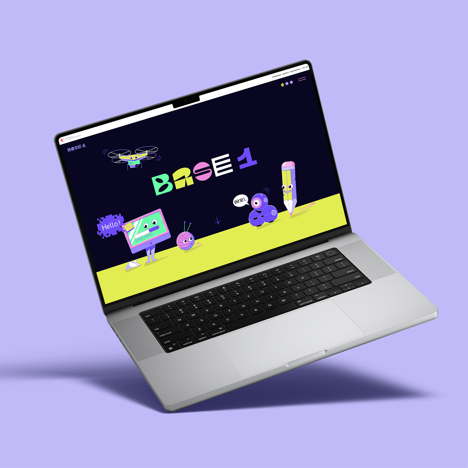 Base1 website homepage with illustrated characters on a floating laptop
