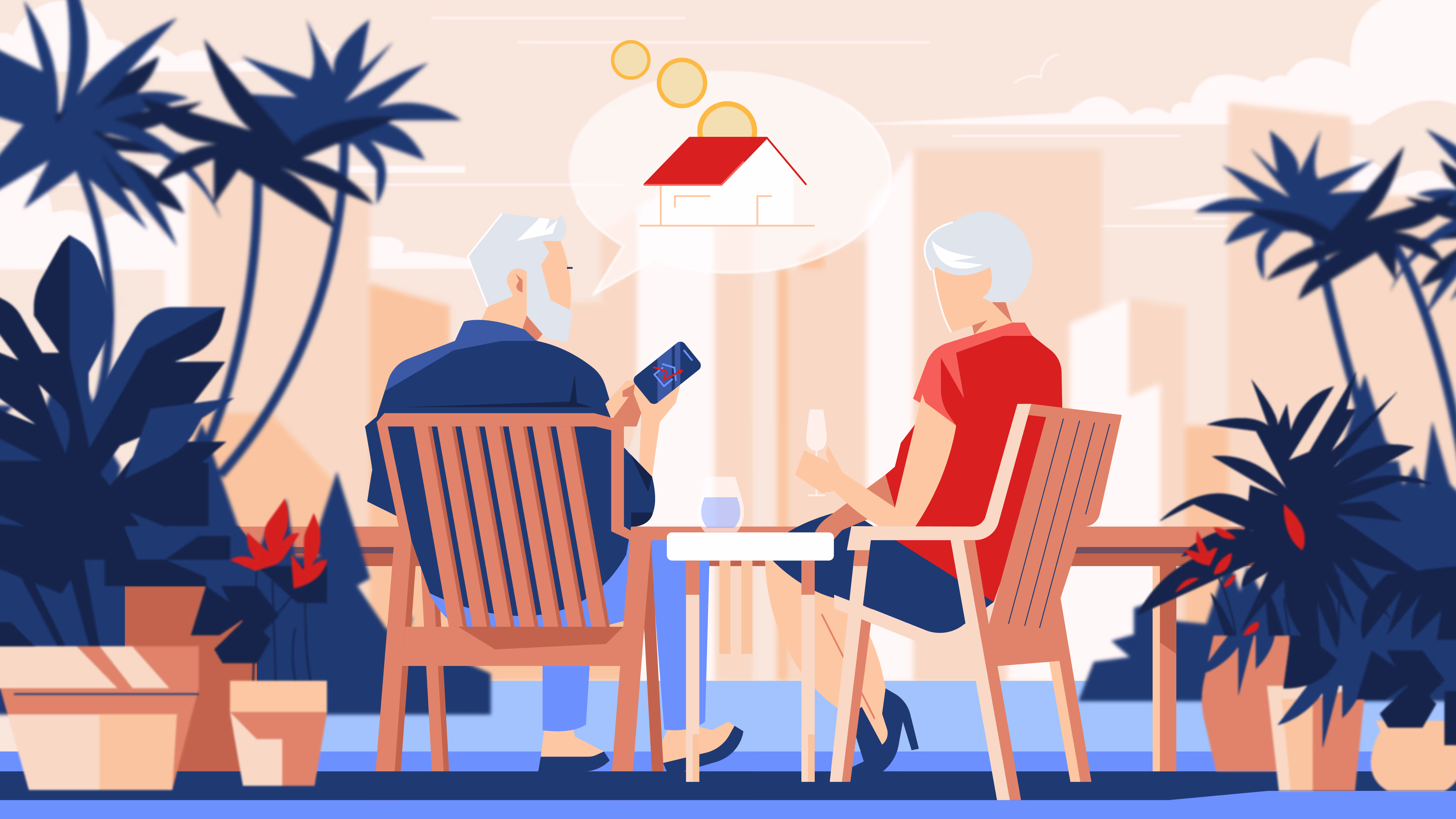Spuerkeess illustration of a retired couple on a sunny terrace