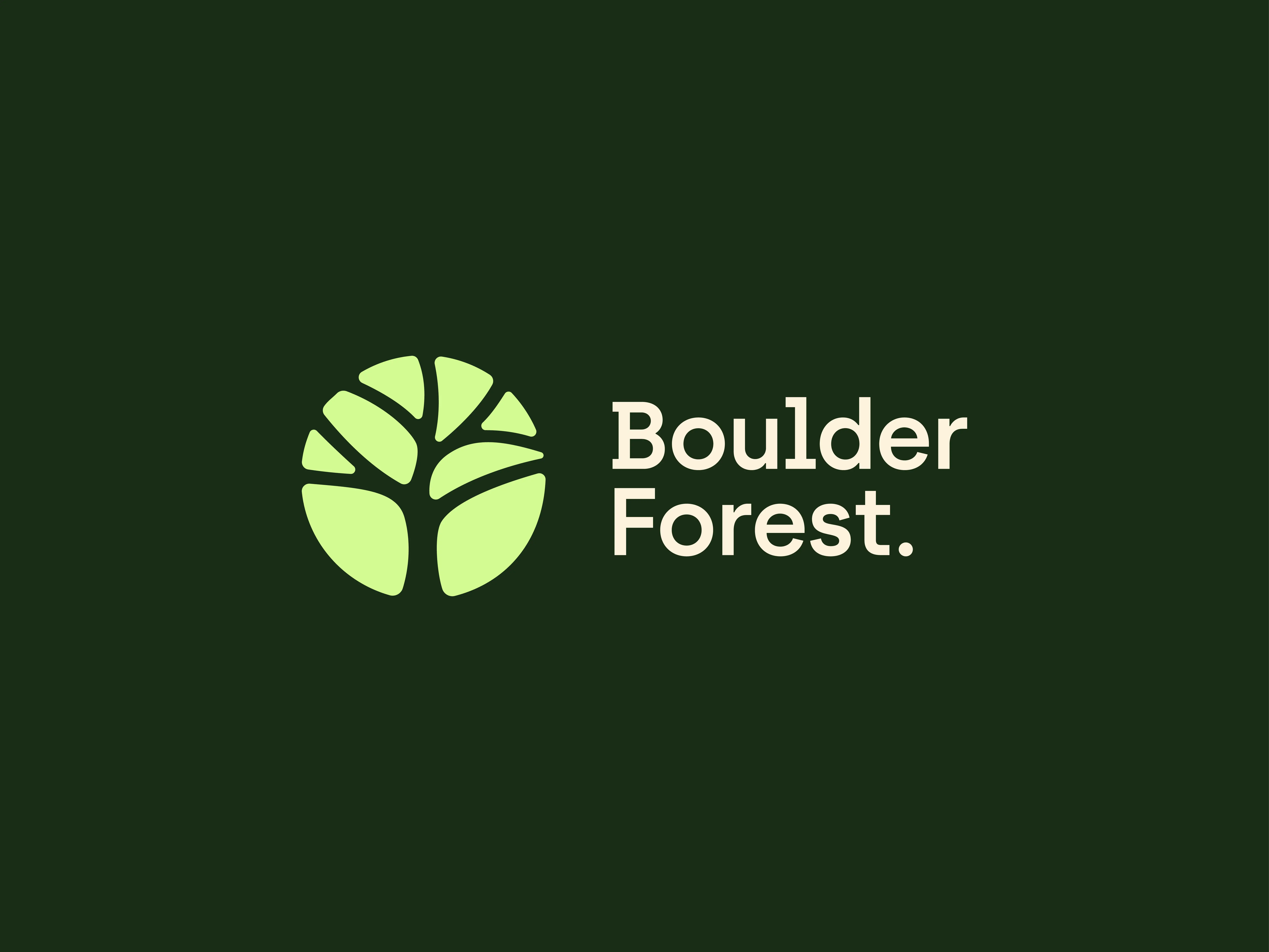 BoulderForest logo, lime tree mark and cream wordmark on dark forest green