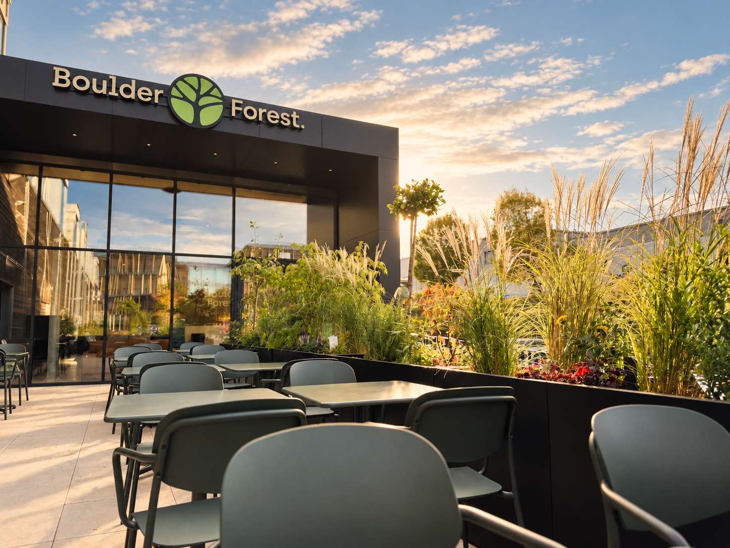 BoulderForest facade with illuminated logo and the café terrace among tall grasses at sunset