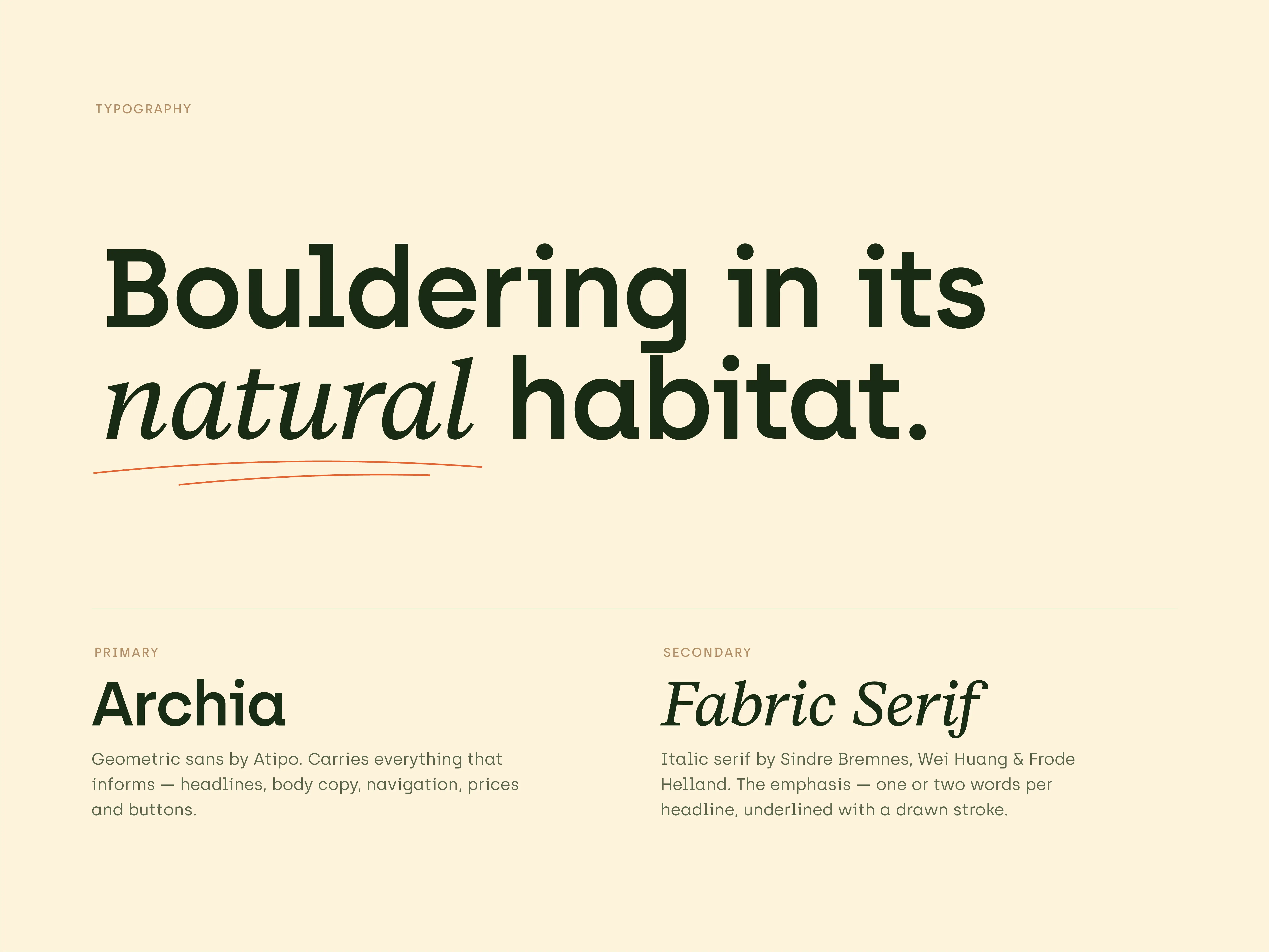 BoulderForest typography: Archia and Fabric Serif in the headline “Bouldering in its natural habitat”