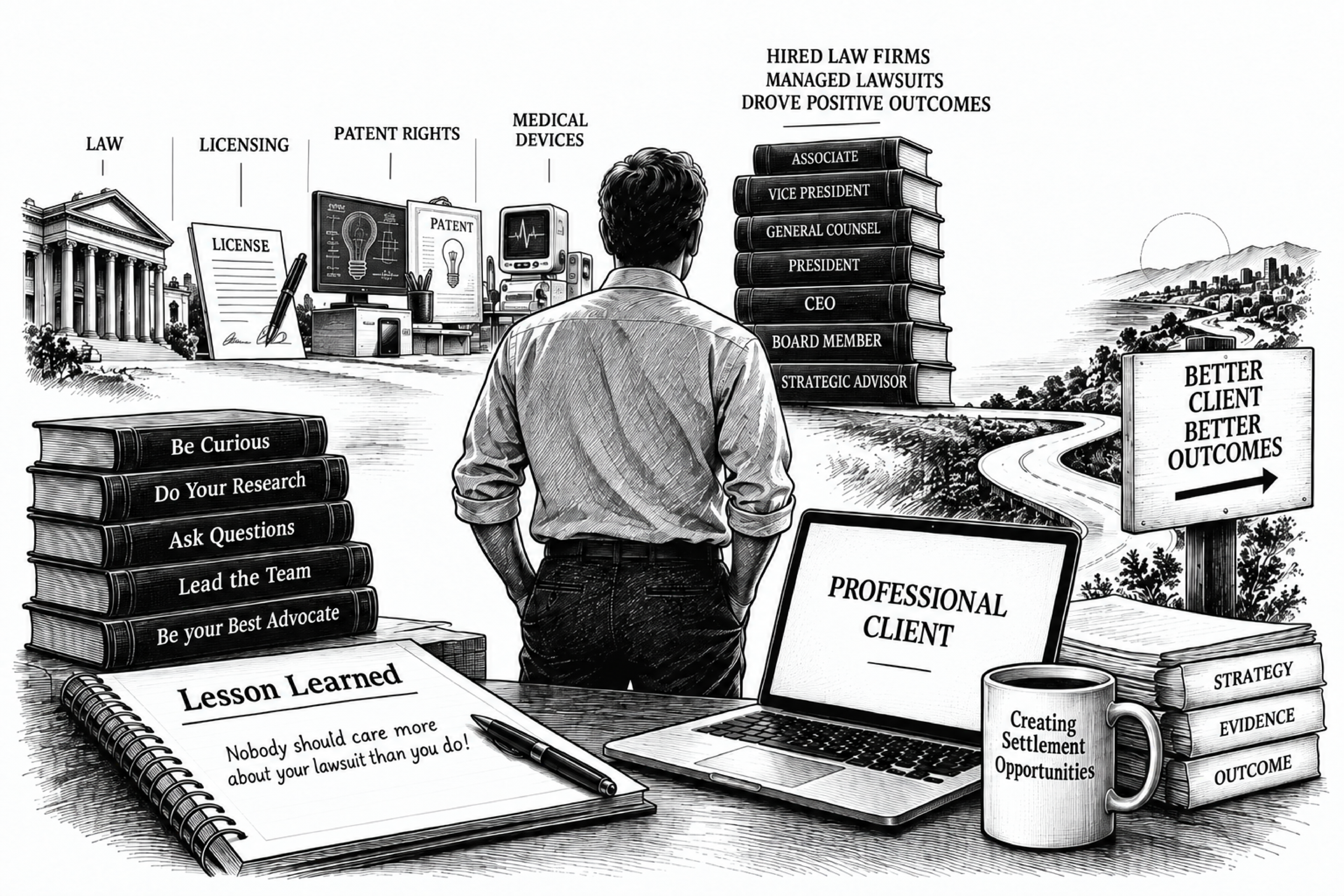 Illustration representing a professional client preparing for and managing a homeowners insurance lawsuit with legal counsel.