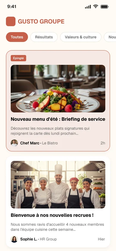 Application Kitchen : fil d’actualités du groupe avec le nouveau menu d’été, l’arrivée de nouvelles recrues et une formation sécurité.