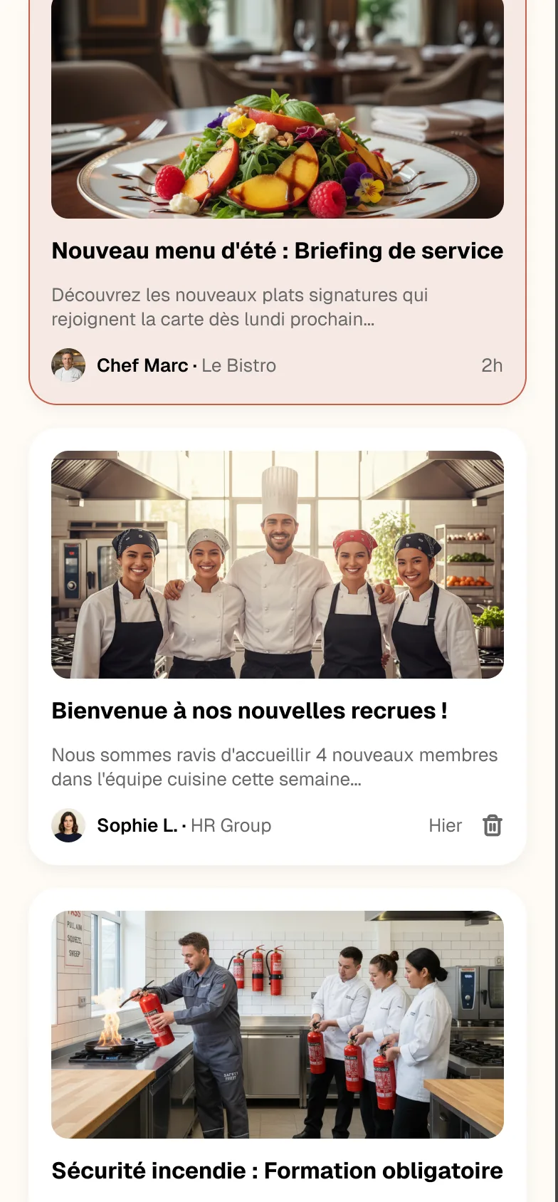 Écran de l’application Kitchen : bibliothèque de formations avec une formation à la une et des rubriques par métier.