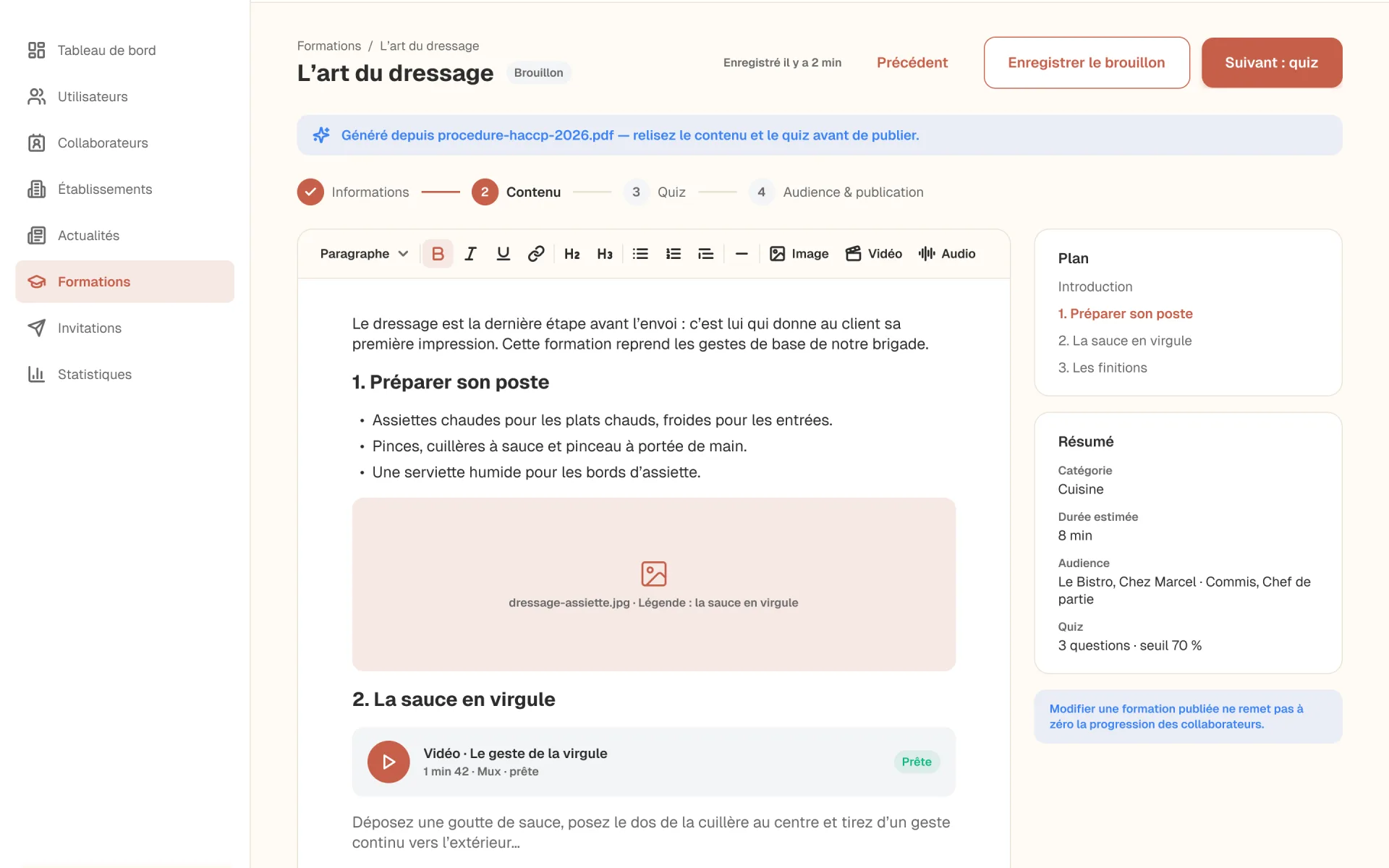 Formation « L’art du dressage » générée depuis un document dans le back-office Kitchen, prête à être relue.