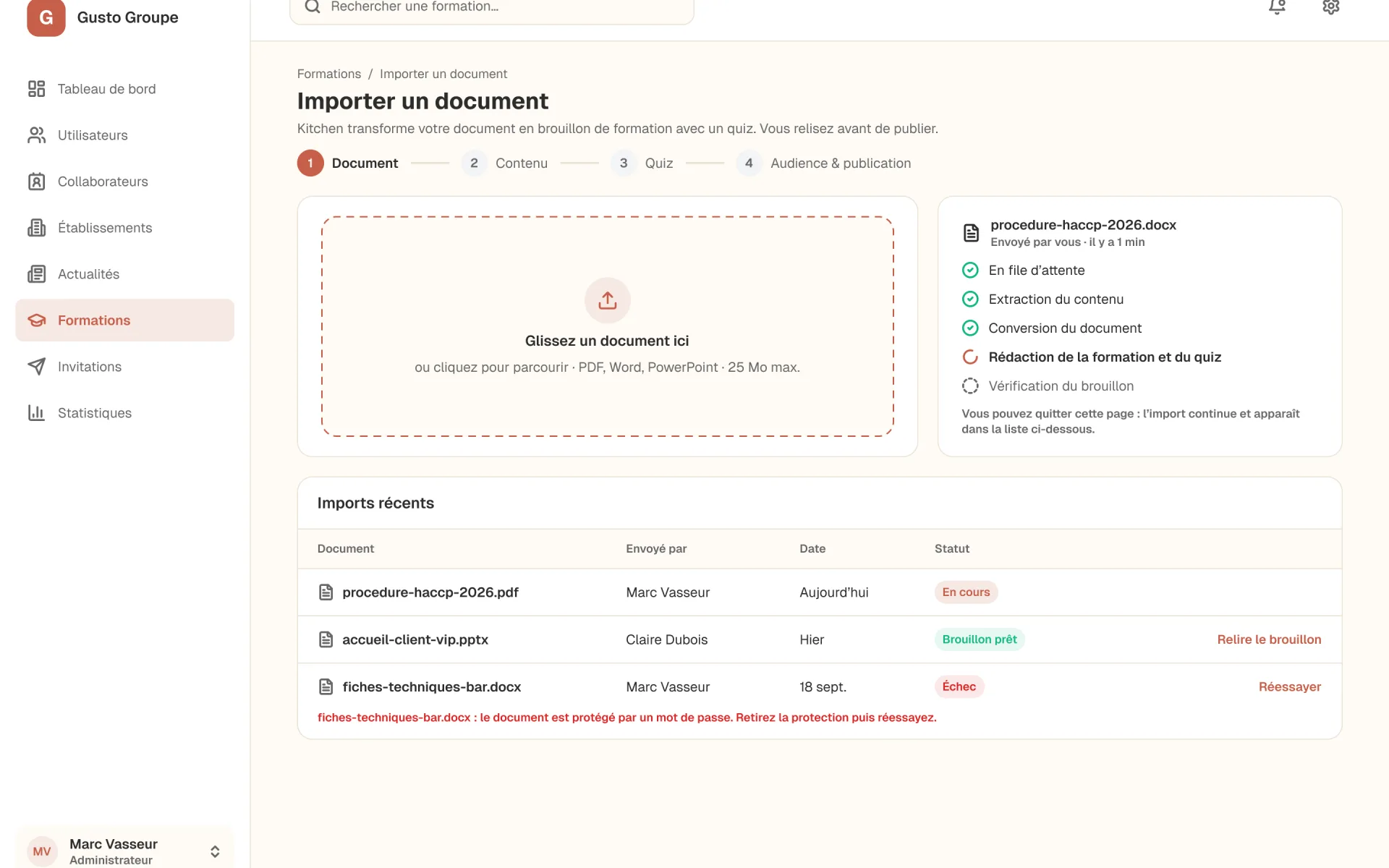 Import d’un document dans le back-office Kitchen : dépôt d’un PDF, Word ou PowerPoint et suivi de la rédaction automatique de la formation et du quiz.