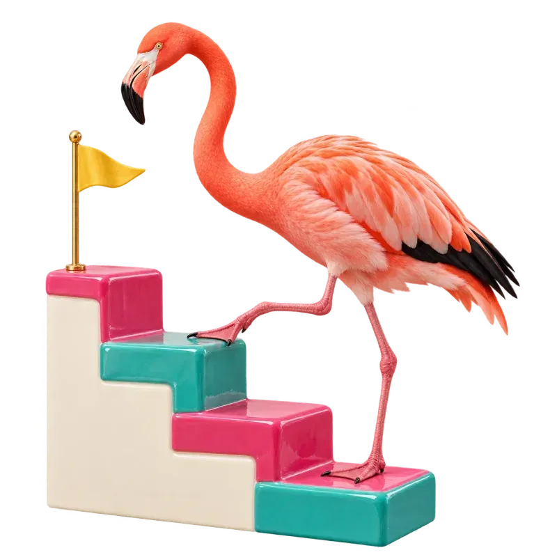 Flamant rose qui monte un escalier vers un drapeau, forfait progrès de cours d'espagnol privés