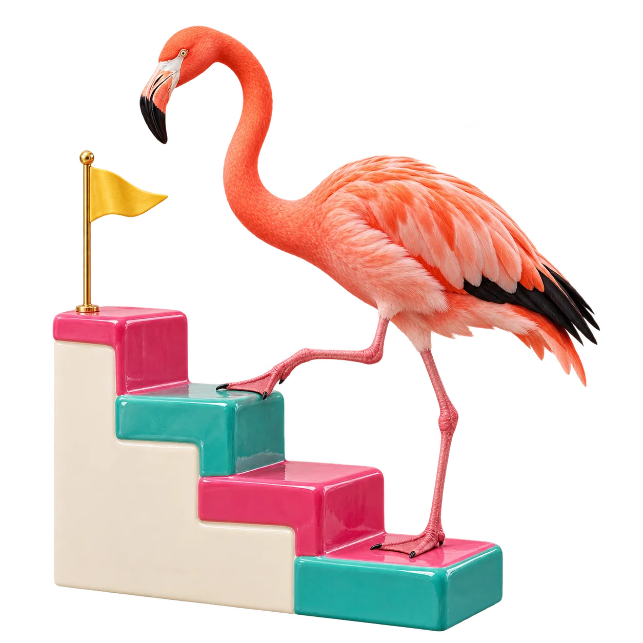 Flamant rose qui monte un escalier vers un drapeau doré, forfait progrès de cours d'espagnol avec prof privée